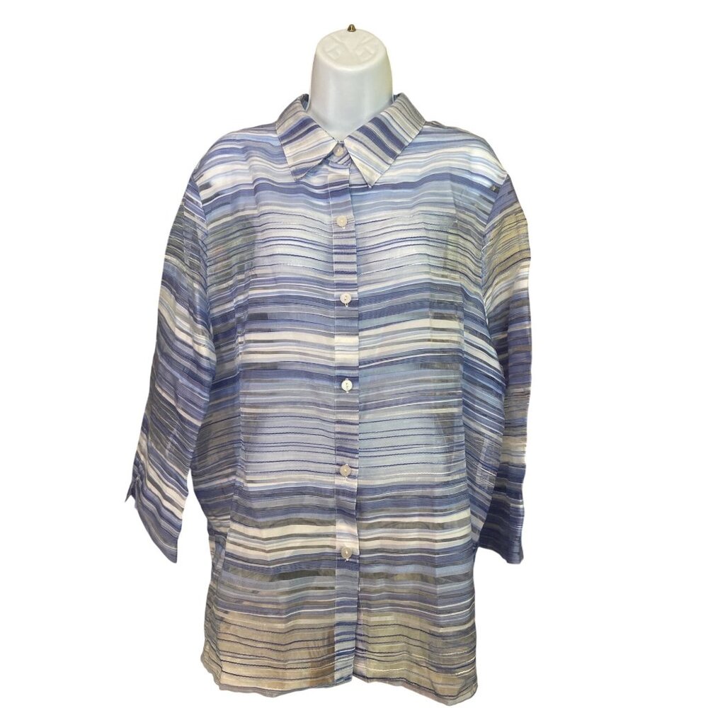 Alfred Dunner Womens Sheer Button Up Shirt 18 Striped Blue White Lightweight